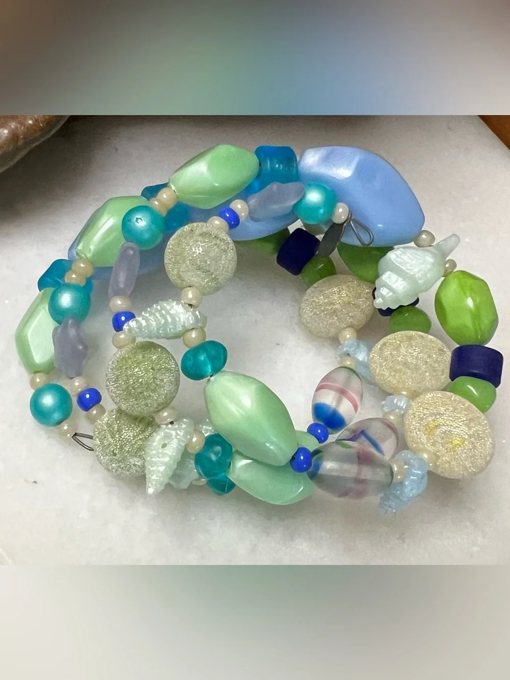 Vintage Teresa Goodall Chunky Blue Mixed Bead Shell Statement Coil Bracelet